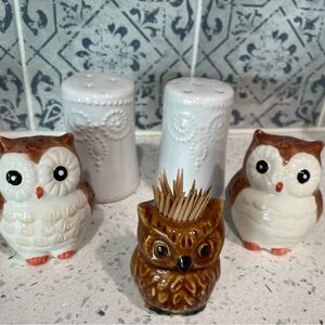 Owl Salt and Pepper Shakers with Toothpick Holder